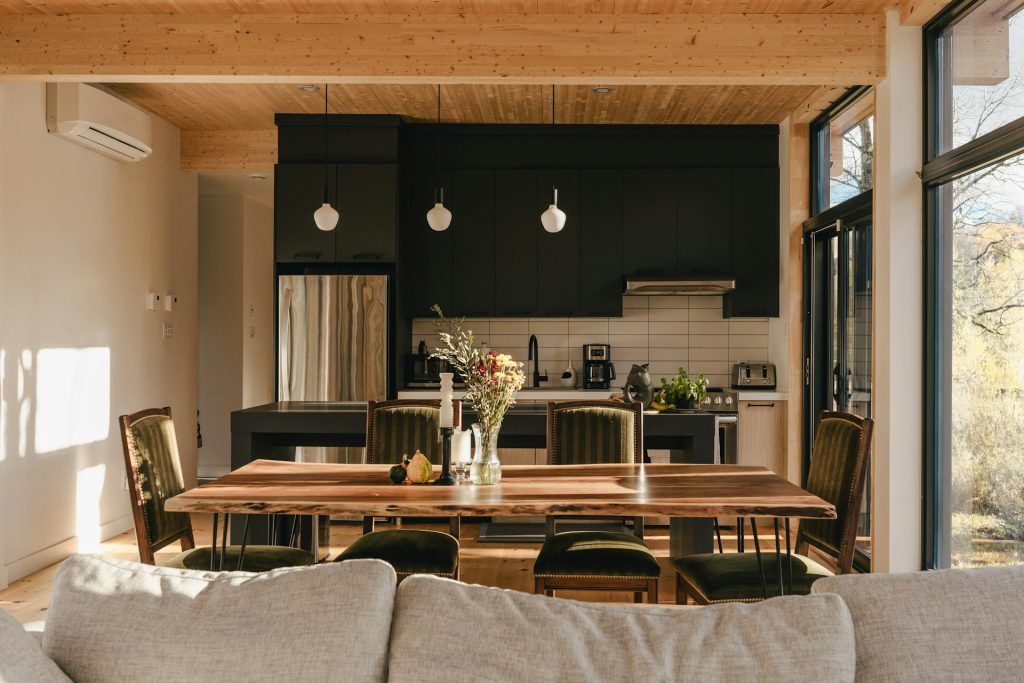 Spacious and well-lit modern kitchen and dining area, showcasing the pristine results of Bothell Cleaning’s professional residential cleaning services.